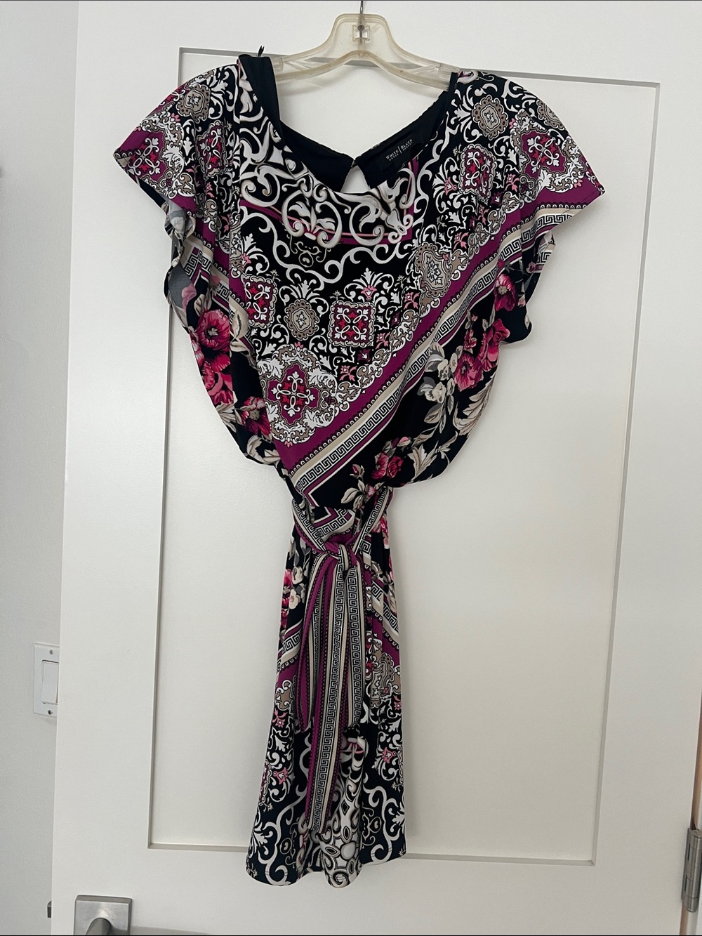 White House Black Market Black Blouse with Magenta and Cream Paisley Print